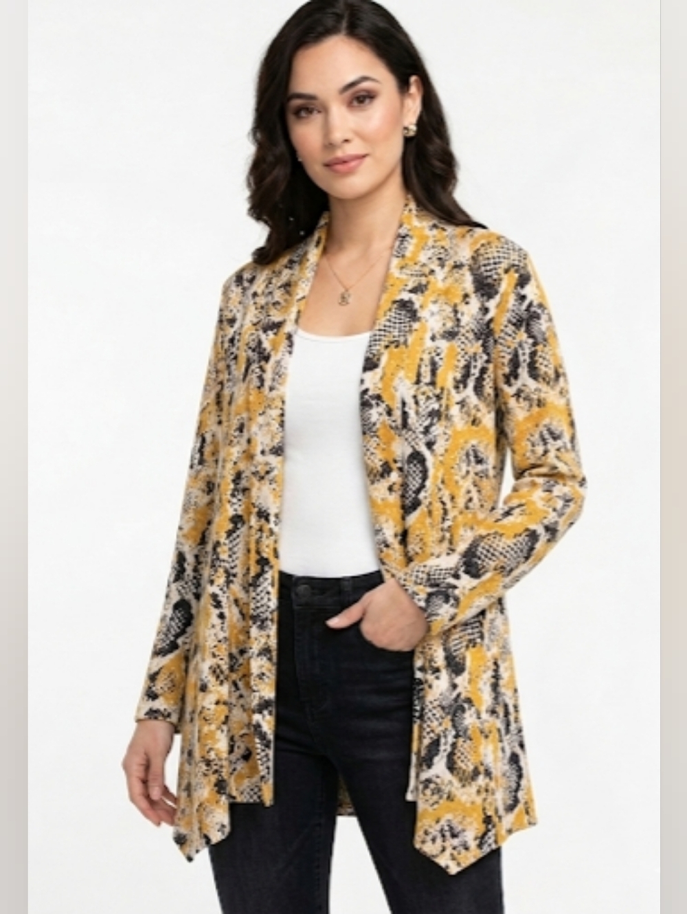 NWT Kasper Gold Snake-Print Open Front Cardigan Sweater Size L